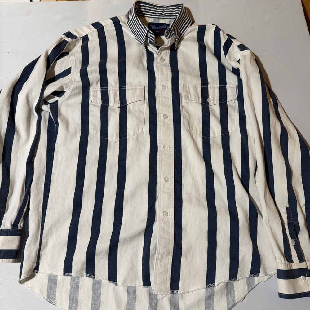 VTG Wrangler Brushpopper Shirt Large 16-35 Blue White Western Rodeo Cowboy